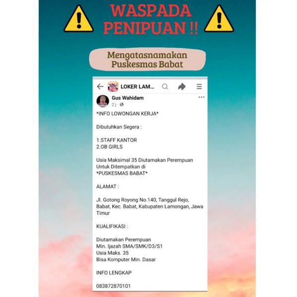Hoaks Informasi Lowongan Pekerjaan di Puskesmas Babat